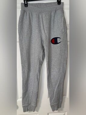 Champion Men's Reverse Weave Big Logo Cuffed Heather Grey Sweatpants Medium USED
